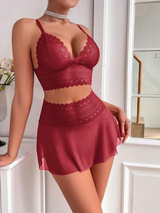 لانجيري حريمي طقم ملابس داخلية شفافة للنساء بتصميم رباعي بالدانتيل 2 قطعة/مجموعة