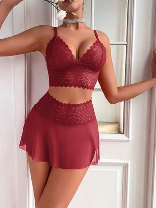لانجيري حريمي طقم ملابس داخلية شفافة للنساء بتصميم رباعي بالدانتيل 2 قطعة/مجموعة