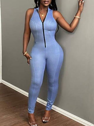 Slaydiva بدلة قصيرة بلا أكمام عارضة بقوام الضلع الهولو و ياقة صغيرة متوسطة السوستة في الأمام - بي