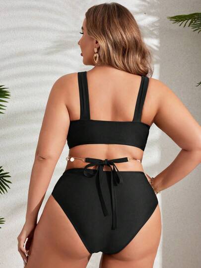 Swim Lushoire بدلة سباحة قطعة واحدة ذات موحد اللون ومزينة بسلسلة مفرغة مناسبة للمقاسات الكبيرة ، للصيف