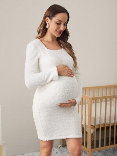 MaterniWear فستان منتصف الساق ضيق الجسم بأكمام طويلة من الفليس بلون سادة للحمل/الشتاء، للمعلمين، للحوامل