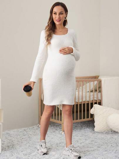 MaterniWear فستان منتصف الساق ضيق الجسم بأكمام طويلة من الفليس بلون سادة للحمل/الشتاء، للمعلمين، للحوامل