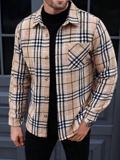 Manfinity Homme قميص رجالي كاجوال بأكمام طويلة وتصميم مربعات بأزرار، جاكيت شيرت عصري