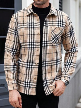 Manfinity Homme قميص رجالي كاجوال بأكمام طويلة وتصميم مربعات بأزرار، جاكيت شيرت عصري