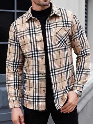 Manfinity Homme قميص رجالي كاجوال بأكمام طويلة وتصميم مربعات بأزرار، جاكيت شيرت عصري
