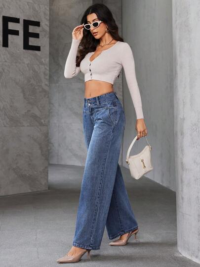 SHEIN Essnce سراويل جينز فضفاضة عادية بتنورة للنساء مع جيوب