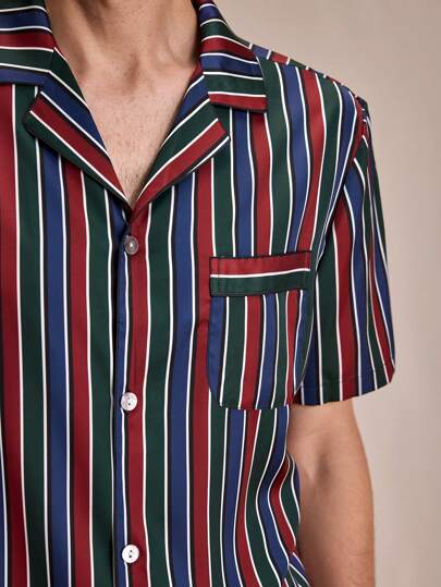EverLounge بيجامة رجالية مجموعة قصيرة الأكمام بطباعة الشريط
