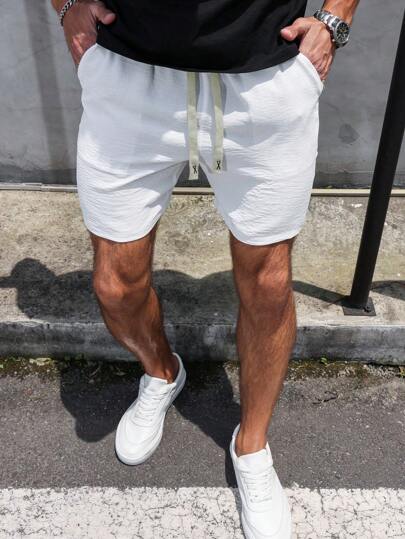 Manfinity Homme شورت رجالي بخصر مطاطي من الستان والكتان أحادي اللون، قصير وبسيط للاستجمام والعطلات باللون الأبيض، هدية مناسبة للزوج أو الحبيب