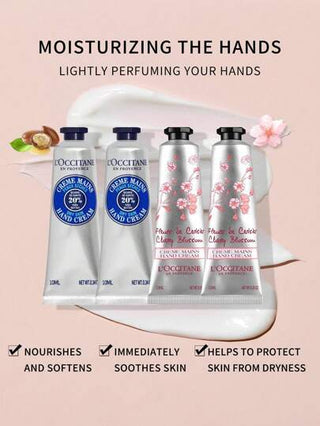 L'Occitane en Provence مجموعة كريم اليد المصغر من L'Occitane En Provence 4 قطع 10مل*4(زبدة الشيا وزهور الكرز رائحة أيكونية)كريمات أيدي مرطبة - لجميع أنواع البشرة (يتم شحن الإصدارات الجديدة والقديمة بشكل عشوائي)