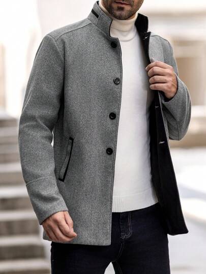 Manfinity Homme معطف طويل الأكمام كاجوال بألوان متباينة، معطف دافئ للخروج في الخريف والشتاء باللون الرمادي الفاتح، هدية للأصدقاء والزوج والحبيب