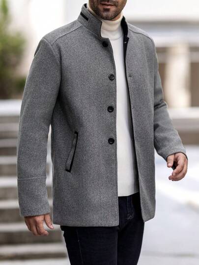 Manfinity Homme معطف طويل الأكمام كاجوال بألوان متباينة، معطف دافئ للخروج في الخريف والشتاء باللون الرمادي الفاتح، هدية للأصدقاء والزوج والحبيب