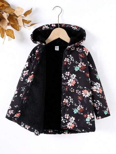 SHEIN Vintaside Kids معطف متوسط الطول مبطن سميك بغطاء رأس وطباعة زهور متناثرة للفتيات الشابات, خريف وشتاء