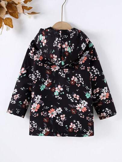 SHEIN Vintaside Kids معطف متوسط الطول مبطن سميك بغطاء رأس وطباعة زهور متناثرة للفتيات الشابات, خريف وشتاء