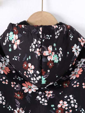 SHEIN Vintaside Kids معطف متوسط الطول مبطن سميك بغطاء رأس وطباعة زهور متناثرة للفتيات الشابات, خريف وشتاء