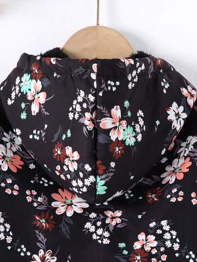 SHEIN Vintaside Kids معطف متوسط الطول مبطن سميك بغطاء رأس وطباعة زهور متناثرة للفتيات الشابات, خريف وشتاء