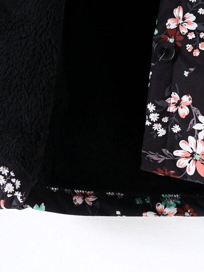 SHEIN Vintaside Kids معطف متوسط الطول مبطن سميك بغطاء رأس وطباعة زهور متناثرة للفتيات الشابات, خريف وشتاء
