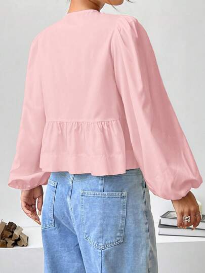 EZwear بلوزة منسوجة للنساء مع تزيين فيونكة أكمام منتفخة، ربيع وصيف