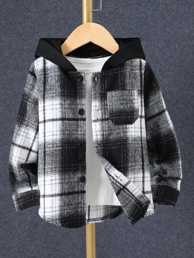 SHEIN Genkimix Kids جاكيت أولي بقلنسوة فضفاضة بأكمام طويلة بنمط مربعات ، ربيع وخريف