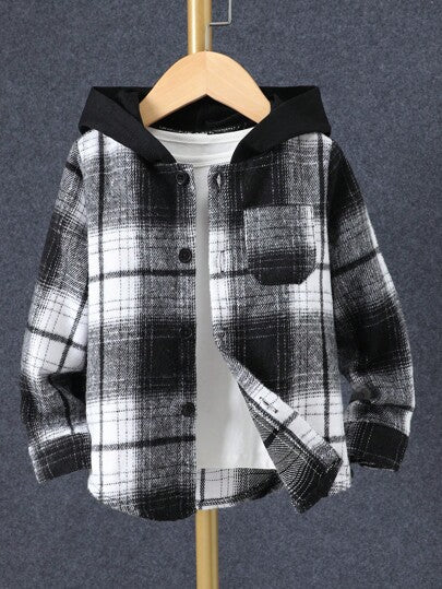 SHEIN Genkimix Kids جاكيت أولي بقلنسوة فضفاضة بأكمام طويلة بنمط مربعات ، ربيع وخريف