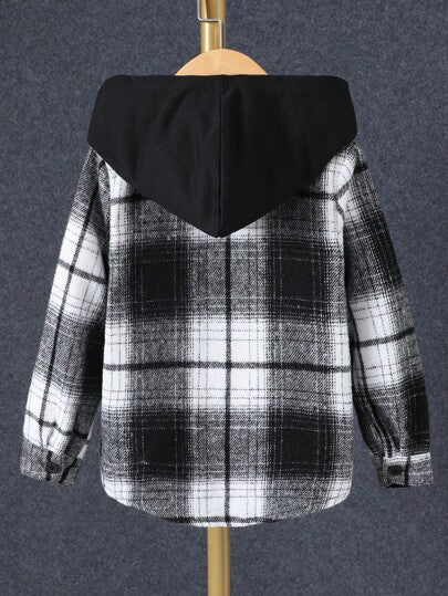 SHEIN Genkimix Kids جاكيت أولي بقلنسوة فضفاضة بأكمام طويلة بنمط مربعات ، ربيع وخريف