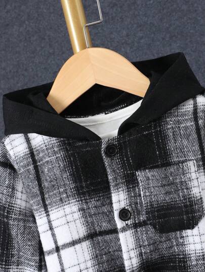 SHEIN Genkimix Kids جاكيت أولي بقلنسوة فضفاضة بأكمام طويلة بنمط مربعات ، ربيع وخريف