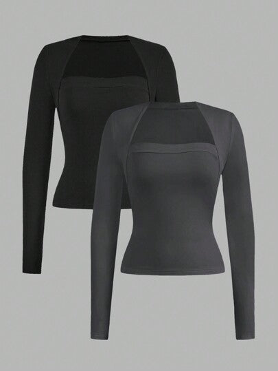 EZwear قميص بولو بأكمام طويلة بتصميم رفيع مناسب للنساء باللونين الأسود والرمادي الفولاذي، مناسب للخريف والشتاء