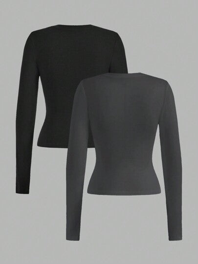 EZwear قميص بولو بأكمام طويلة بتصميم رفيع مناسب للنساء باللونين الأسود والرمادي الفولاذي، مناسب للخريف والشتاء