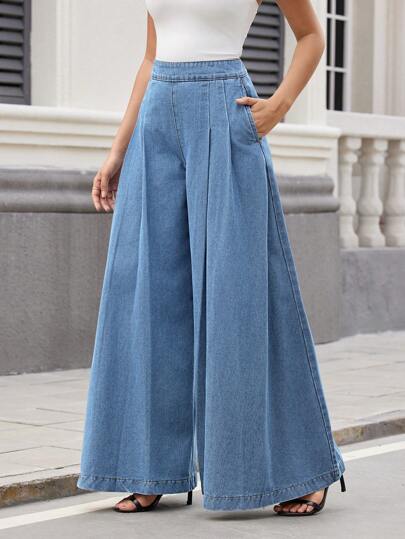 SHEIN Essnce بنطال جينز عريض الساق أحادي اللون للنساء