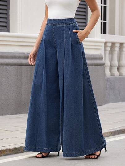 SHEIN Essnce بنطلون جينز واسع الساق بلون صلب للنساء