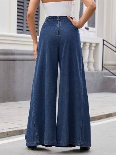 SHEIN Essnce بنطلون جينز واسع الساق بلون صلب للنساء