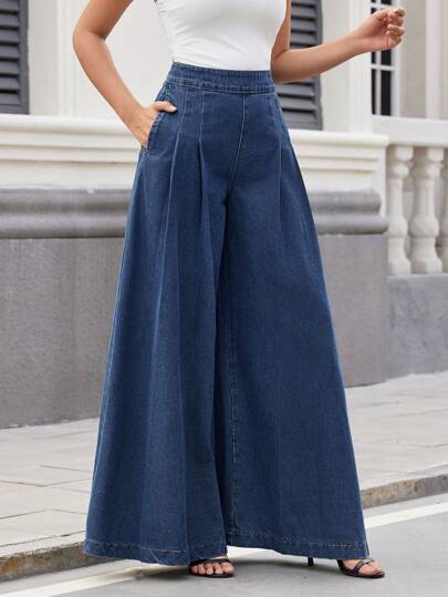 SHEIN Essnce بنطلون جينز واسع الساق بلون صلب للنساء