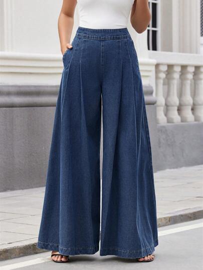 SHEIN Essnce بنطلون جينز واسع الساق بلون صلب للنساء