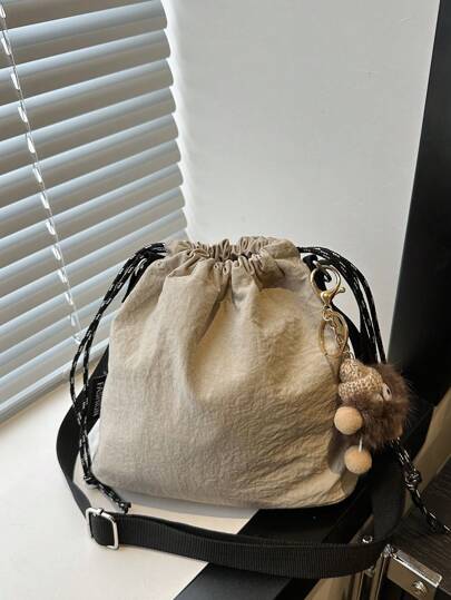 1 قطعة قلادة من الفرو كاملة الملحقات، 1 قطعة حقيبة دلو من النايلون بلون أحادي مع سحاب، حقيبة كتف متقاطعة للنساء، موضة