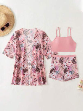 SHEIN Swim طقم بكيني عادي مع غطاء من الشيفون بنقشة نباتات استوائية ، كيمونو آستين قصير للصيف، للنساء