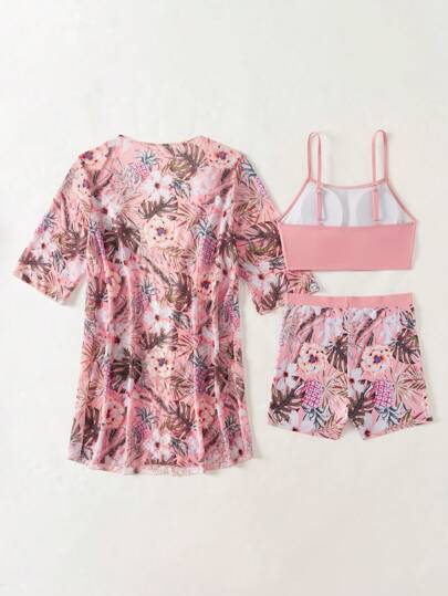 SHEIN Swim طقم بكيني عادي مع غطاء من الشيفون بنقشة نباتات استوائية ، كيمونو آستين قصير للصيف، للنساء