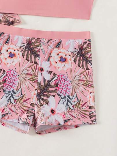 SHEIN Swim طقم بكيني عادي مع غطاء من الشيفون بنقشة نباتات استوائية ، كيمونو آستين قصير للصيف، للنساء