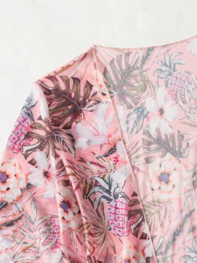 SHEIN Swim طقم بكيني عادي مع غطاء من الشيفون بنقشة نباتات استوائية ، كيمونو آستين قصير للصيف، للنساء