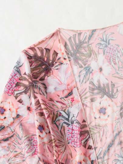 SHEIN Swim طقم بكيني عادي مع غطاء من الشيفون بنقشة نباتات استوائية ، كيمونو آستين قصير للصيف، للنساء