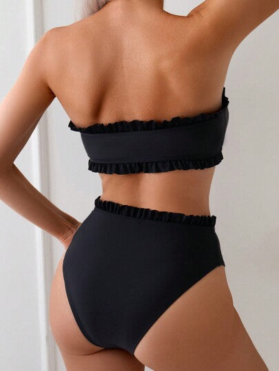 Swim Basics بكيني بدل سباحة صيفية للنساء بلون أحادي مع حواف مكشكشة وعقدة أمامية،بدلة سباحة قطعتين لباس السباحة الأسود