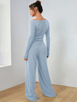 SHEIN EZwear مجموعة بنطلون جيوب وبلوزة كم طويل رقبة طاقم لون أحادي للنساء مناسبة للرياضة 2 قطعة