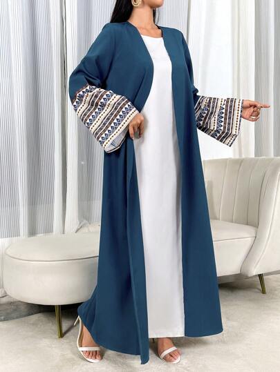 Al Najma عباية عربية طويلة للنساء موديل الربيع والصيف، كاجوال، طباعة منقطعة، كم ناقص، متواضع
