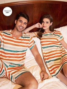 CoupledUp طقم بيجاما رجالي قصير الأكمام بطباعة شريطية متعددة الألوان