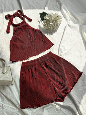 SHEIN Unity طقم ملابس علوية قصيرة ظهر مكشوف وشورت للنساء 2قطعة/مجموعة، صيفي