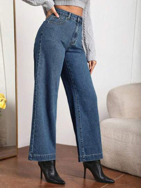SHEIN Essnce بنطلون جينز سستة طائر ساق عريضة