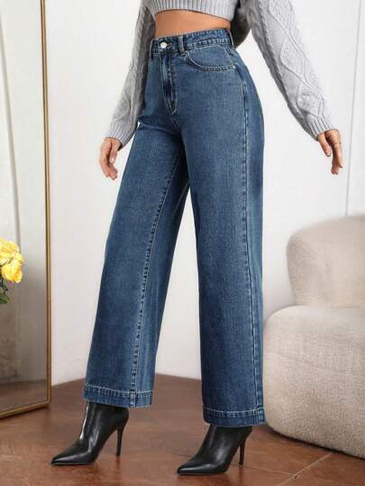 SHEIN Essnce بنطلون جينز سستة طائر ساق عريضة