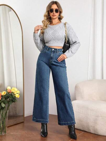 SHEIN Essnce بنطلون جينز سستة طائر ساق عريضة
