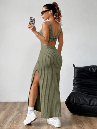 فساتين حريمي Flirla فستان نسائي بظهر مربوط مثير وانشقاق على الجنب بدون أكمام، ملابس صيفية ماكسي للنساء