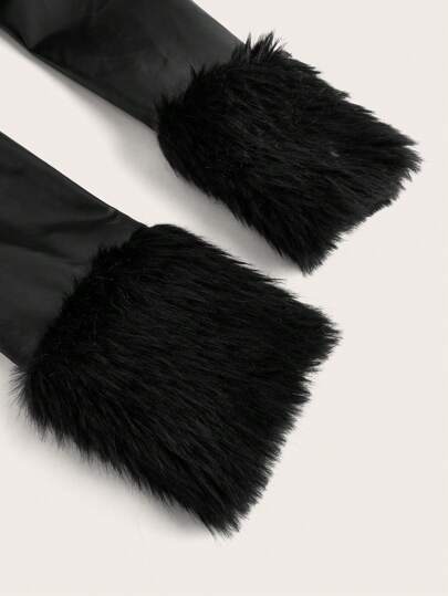 EZwear معطف طويل مطرز بجلد اصطناعي وفرو موسمي خريف/شتاء, مقاس مضبوط