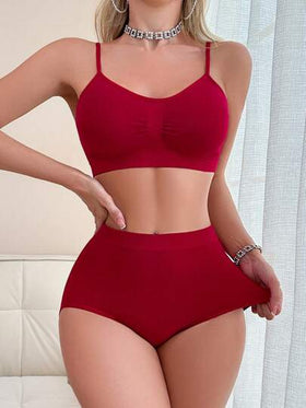 SHEIN طقم ملابس داخلية كاجوال بلون سادة مجعد للسيدات 2قطعة/طقم