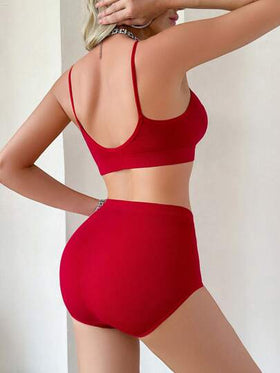 SHEIN طقم ملابس داخلية كاجوال بلون سادة مجعد للسيدات 2قطعة/طقم